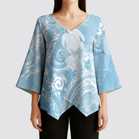 Aloha Hawaii Turtles Floral Kimono Sleeve Blouse Aqua Marbles Glaze