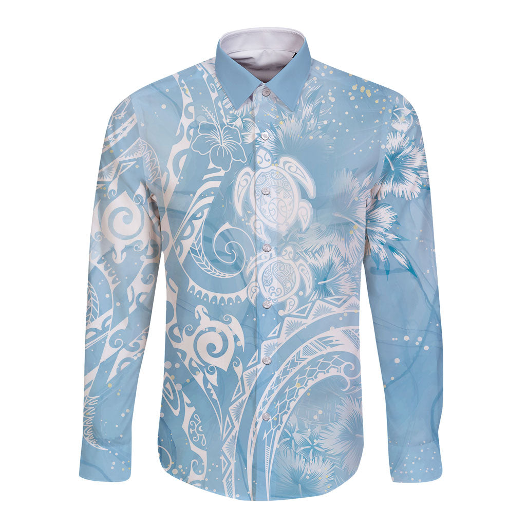 Aloha Hawaii Turtles Floral Long Sleeve Button Shirt Aqua Marbles Glaze