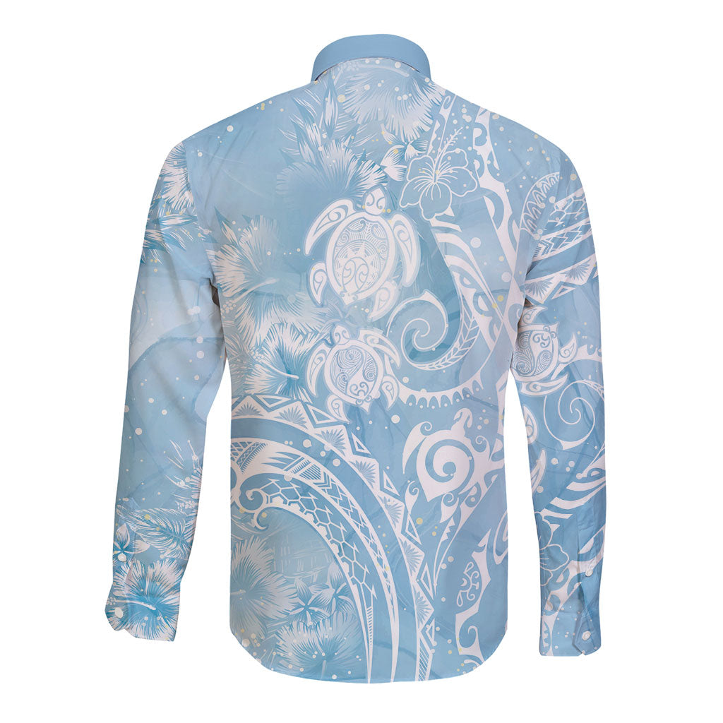 Aloha Hawaii Turtles Floral Long Sleeve Button Shirt Aqua Marbles Glaze