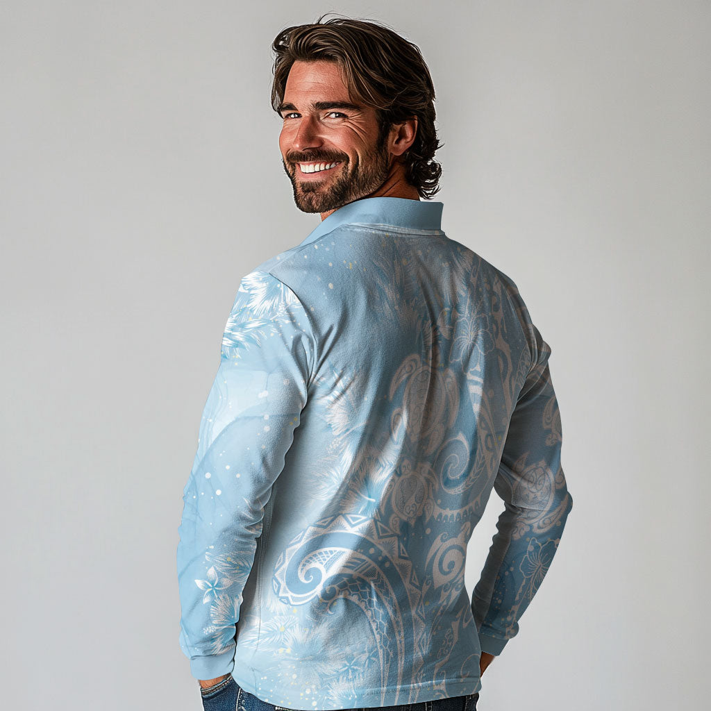Aloha Hawaii Turtles Floral Long Sleeve Polo Shirt Aqua Marbles Glaze