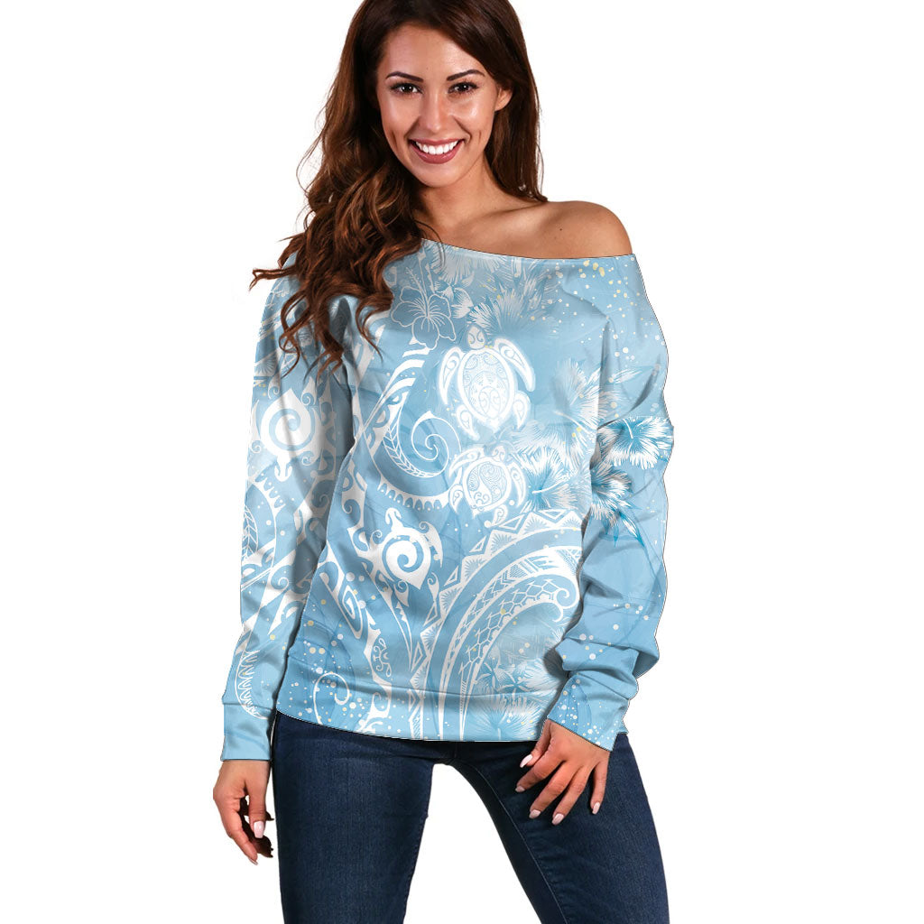Aloha Hawaii Turtles Floral Off Shoulder Sweater Aqua Marbles Glaze