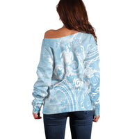 Aloha Hawaii Turtles Floral Off Shoulder Sweater Aqua Marbles Glaze