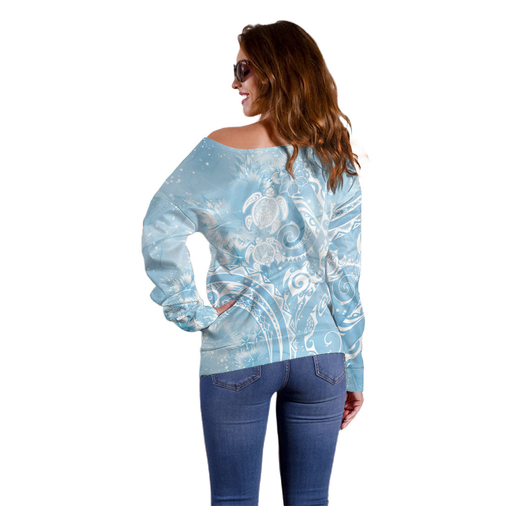 Aloha Hawaii Turtles Floral Off Shoulder Sweater Aqua Marbles Glaze