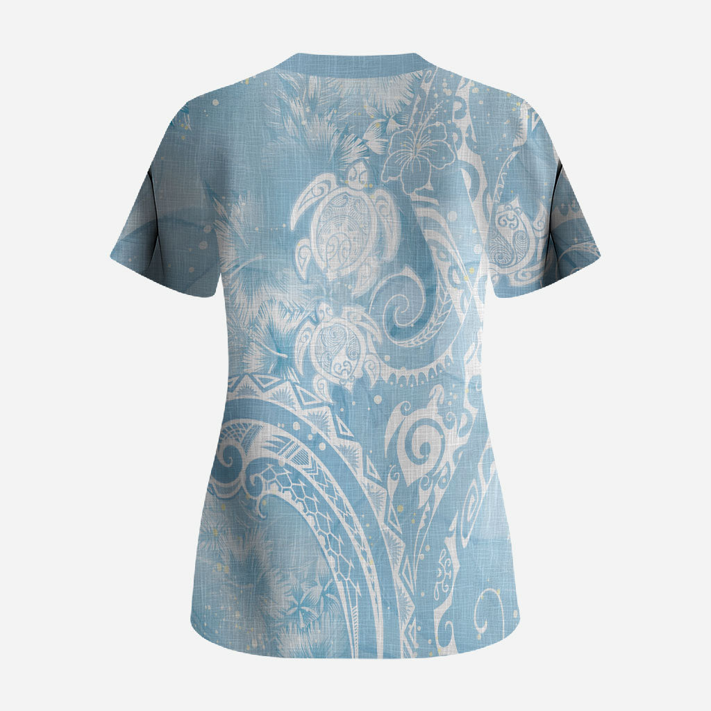 Aloha Hawaii Turtles Floral Scrub Top Aqua Marbles Glaze