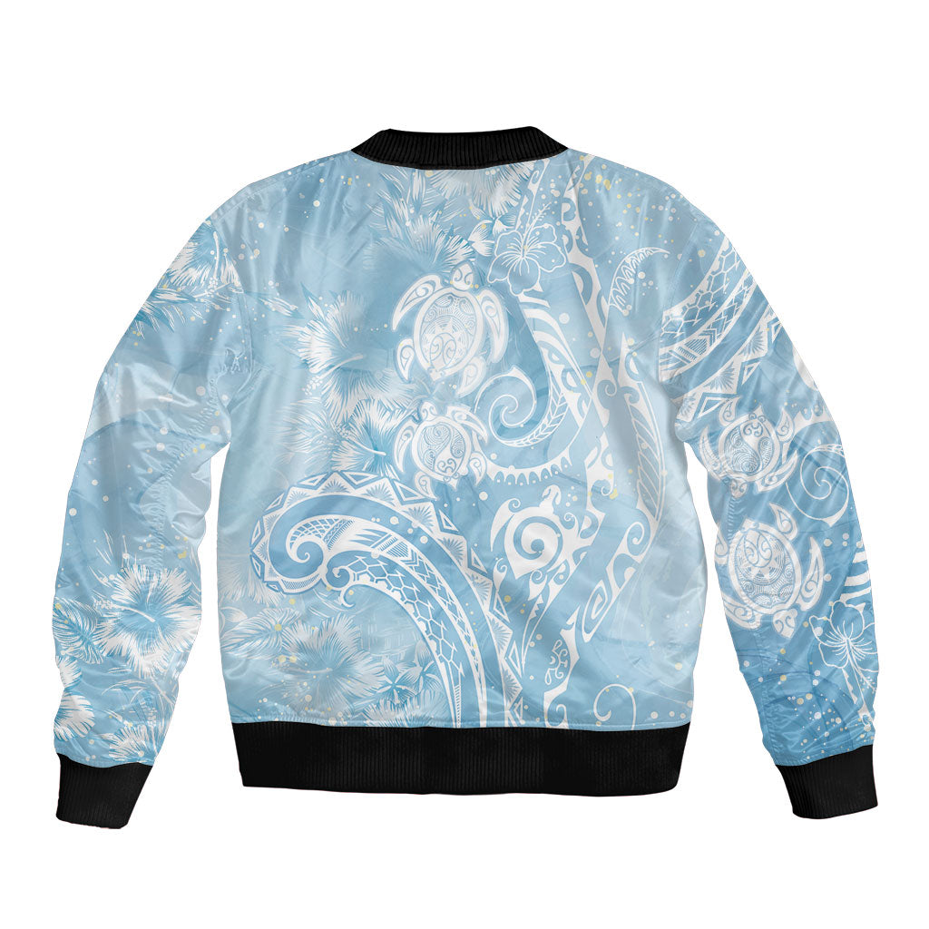 Aloha Hawaii Turtles Floral Sleeve Zip Bomber Jacket Aqua Marbles Glaze