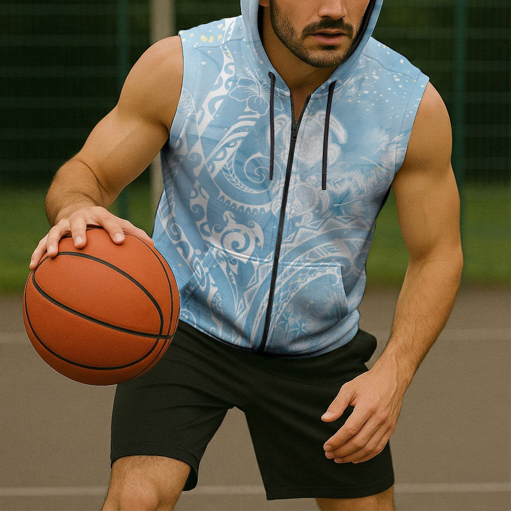 Aloha Hawaii Turtles Floral Sleeveless Zip Hoodie Aqua Marbles Glaze