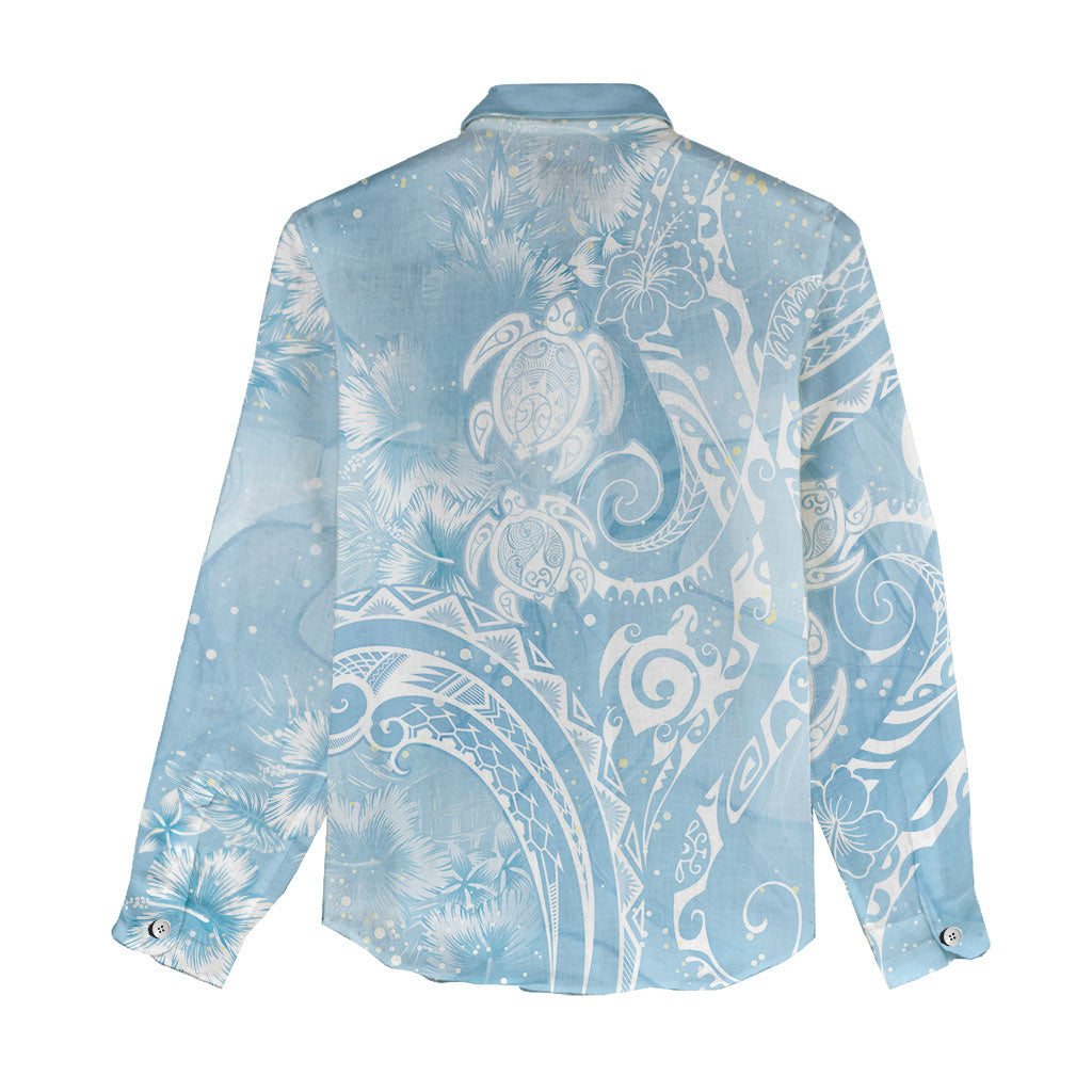 Aloha Hawaii Turtles Floral Women Casual Shirt Aqua Marbles Glaze