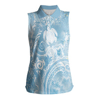Aloha Hawaii Turtles Floral Women Sleeveless Polo Shirt Aqua Marbles Glaze