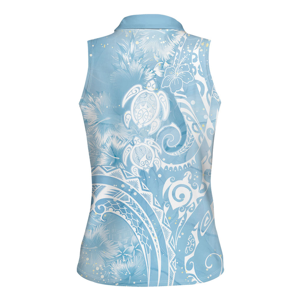 Aloha Hawaii Turtles Floral Women Sleeveless Polo Shirt Aqua Marbles Glaze
