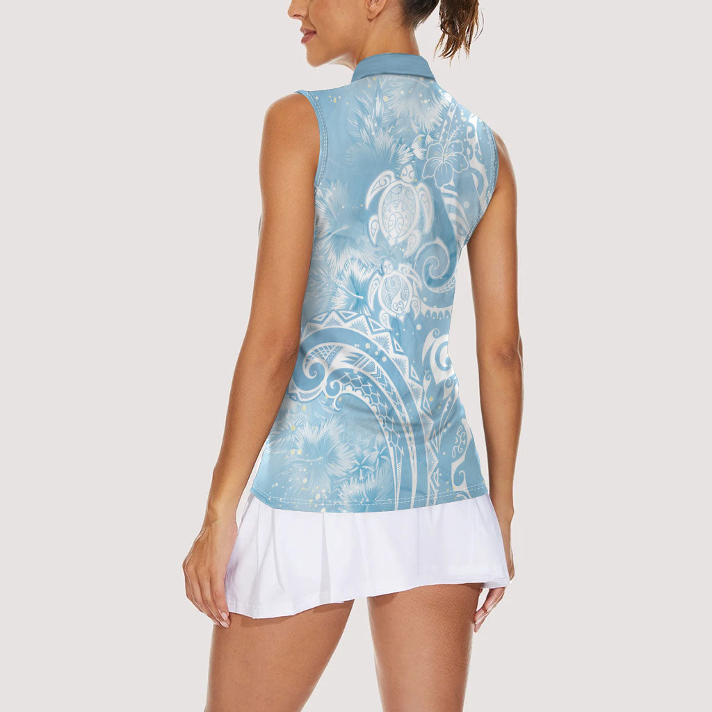 Aloha Hawaii Turtles Floral Women Sleeveless Polo Shirt Aqua Marbles Glaze