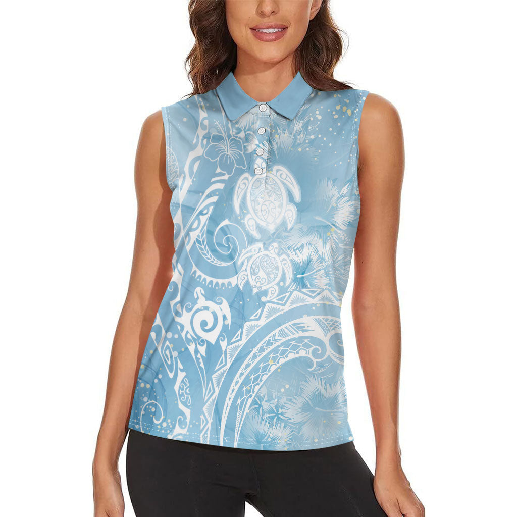 Aloha Hawaii Turtles Floral Women Sleeveless Polo Shirt Aqua Marbles Glaze