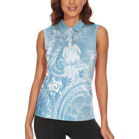 Aloha Hawaii Turtles Floral Women Sleeveless Polo Shirt Aqua Marbles Glaze