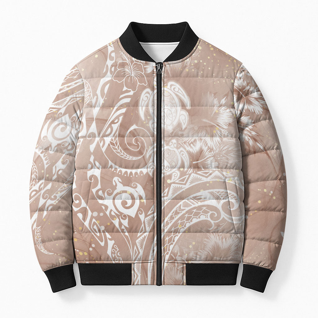 Aloha Hawaii Turtles Floral Bomber Puffer Jacket Taupe Marbles Glaze