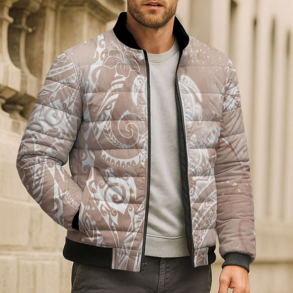 Aloha Hawaii Turtles Floral Bomber Puffer Jacket Taupe Marbles Glaze