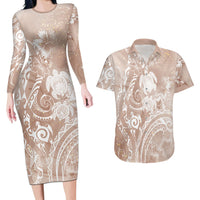 Aloha Hawaii Turtles Floral Couples Matching Long Sleeve Bodycon Dress and Hawaiian Shirt Taupe Marbles Glaze