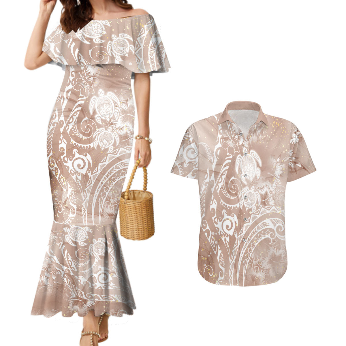Aloha Hawaii Turtles Floral Couples Matching Mermaid Dress and Hawaiian Shirt Taupe Marbles Glaze