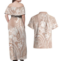 Aloha Hawaii Turtles Floral Couples Matching Off Shoulder Maxi Dress and Hawaiian Shirt Taupe Marbles Glaze