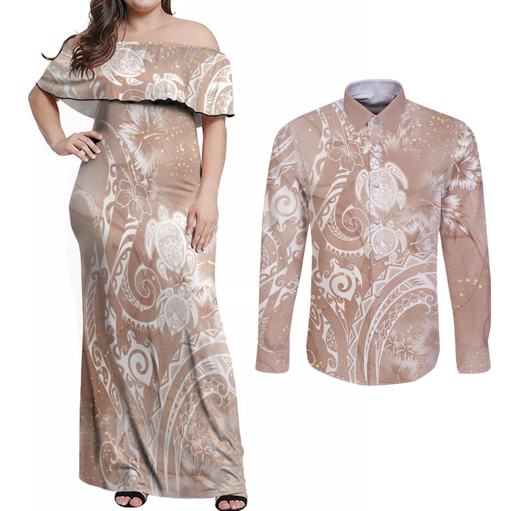 Aloha Hawaii Turtles Floral Couples Matching Off Shoulder Maxi Dress and Long Sleeve Button Shirt Taupe Marbles Glaze