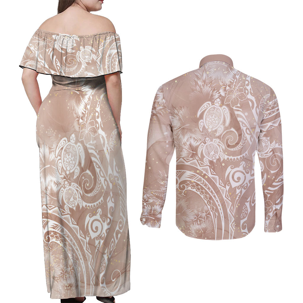 Aloha Hawaii Turtles Floral Couples Matching Off Shoulder Maxi Dress and Long Sleeve Button Shirt Taupe Marbles Glaze