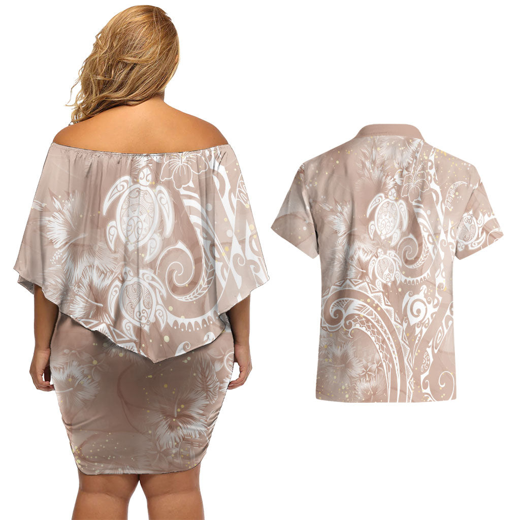 Aloha Hawaii Turtles Floral Couples Matching Off Shoulder Short Dress and Hawaiian Shirt Taupe Marbles Glaze