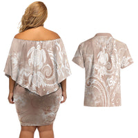 Aloha Hawaii Turtles Floral Couples Matching Off Shoulder Short Dress and Hawaiian Shirt Taupe Marbles Glaze