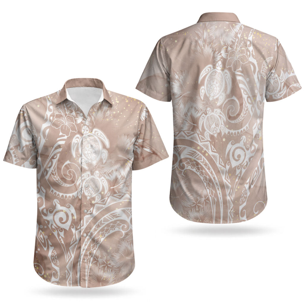 Aloha Hawaii Turtles Floral Couples Matching Off Shoulder Short Dress and Hawaiian Shirt Taupe Marbles Glaze LT7 - Polynesian Pride