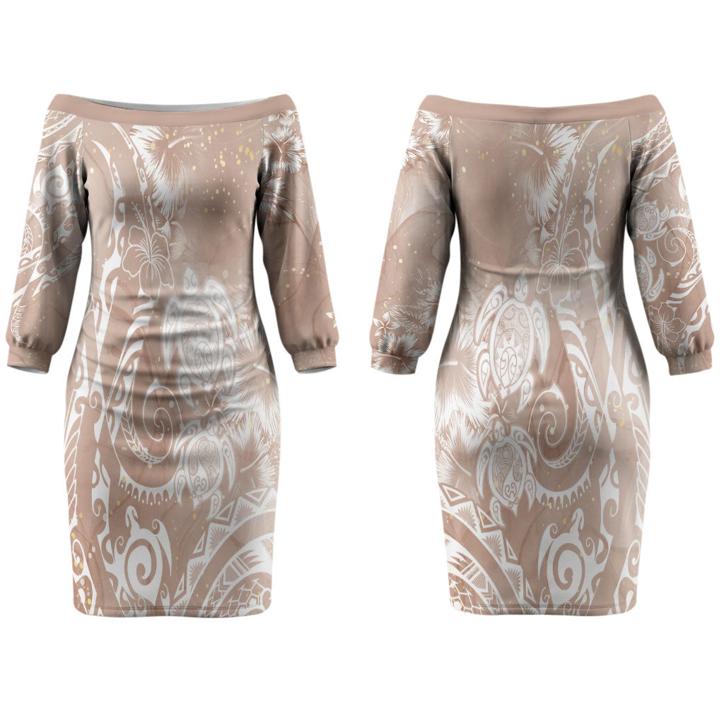 Aloha Hawaii Turtles Floral Couples Matching Off The Shoulder Long Sleeve Dress and Long Sleeve Button Shirt Taupe Marbles Glaze LT7 - Polynesian Pride