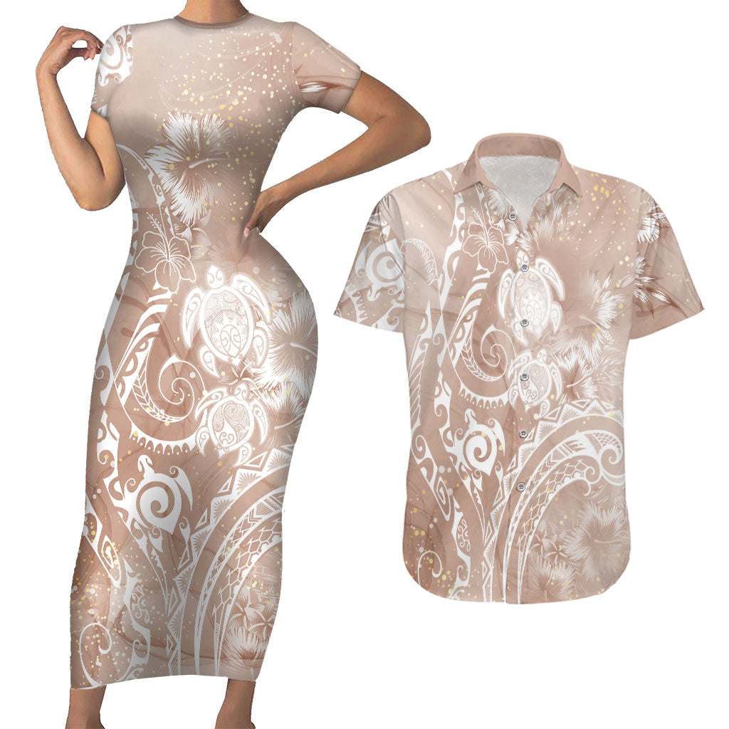 Aloha Hawaii Turtles Floral Couples Matching Short Sleeve Bodycon Dress and Hawaiian Shirt Taupe Marbles Glaze