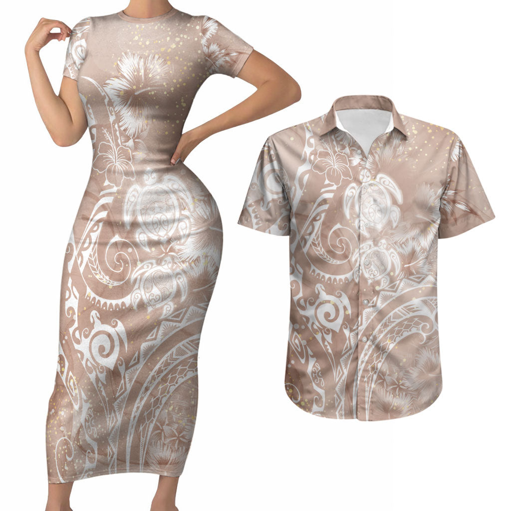 Aloha Hawaii Turtles Floral Couples Matching Short Sleeve Bodycon Dress and Hawaiian Shirt Taupe Marbles Glaze LT7 Taupe - Polynesian Pride