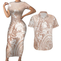 Aloha Hawaii Turtles Floral Couples Matching Short Sleeve Bodycon Dress and Hawaiian Shirt Taupe Marbles Glaze