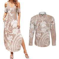 Aloha Hawaii Turtles Floral Couples Matching Summer Maxi Dress and Long Sleeve Button Shirt Taupe Marbles Glaze