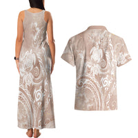 Aloha Hawaii Turtles Floral Couples Matching Tank Maxi Dress and Hawaiian Shirt Taupe Marbles Glaze