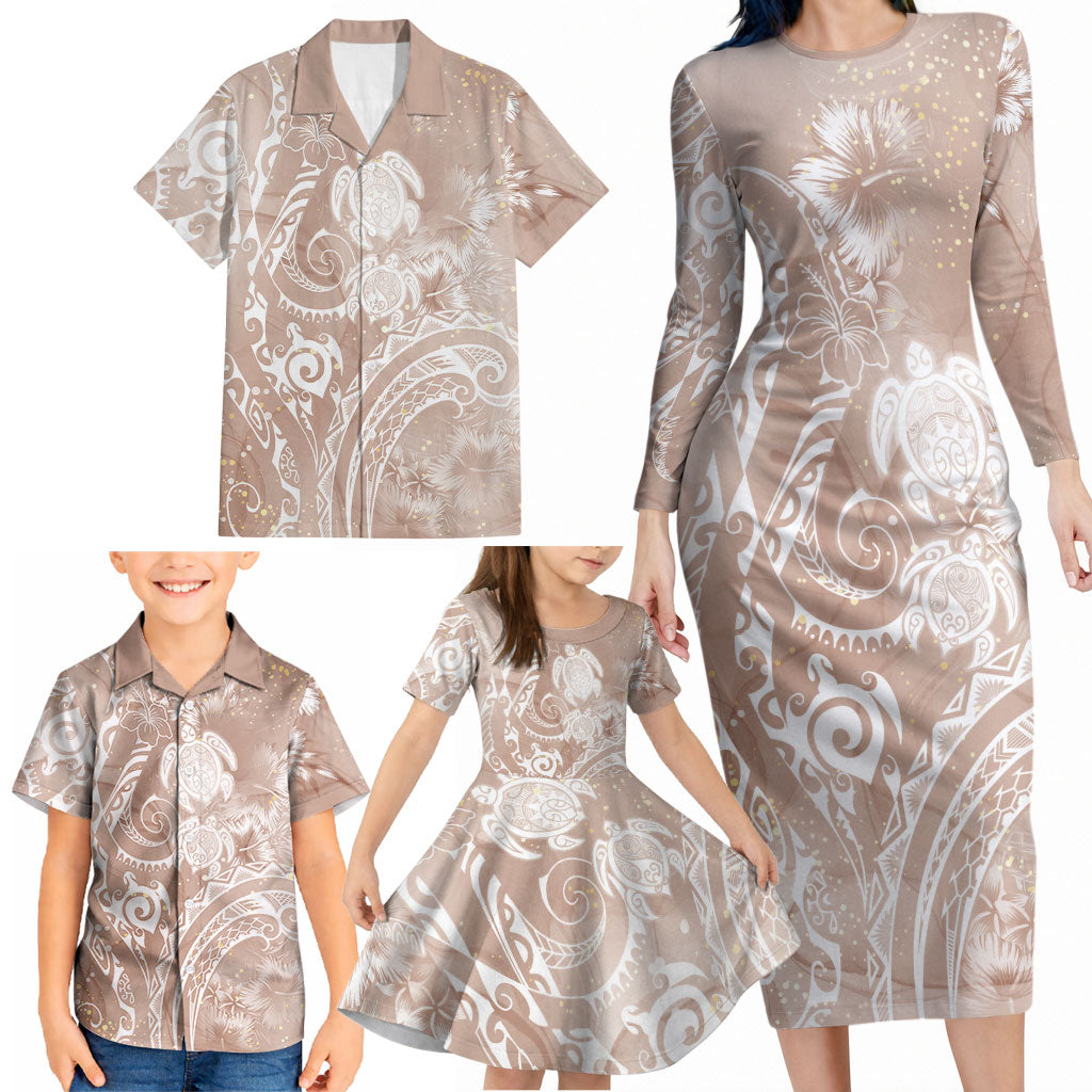 Aloha Hawaii Turtles Floral Family Matching Long Sleeve Bodycon Dress and Hawaiian Shirt Taupe Marbles Glaze LT7 - Polynesian Pride