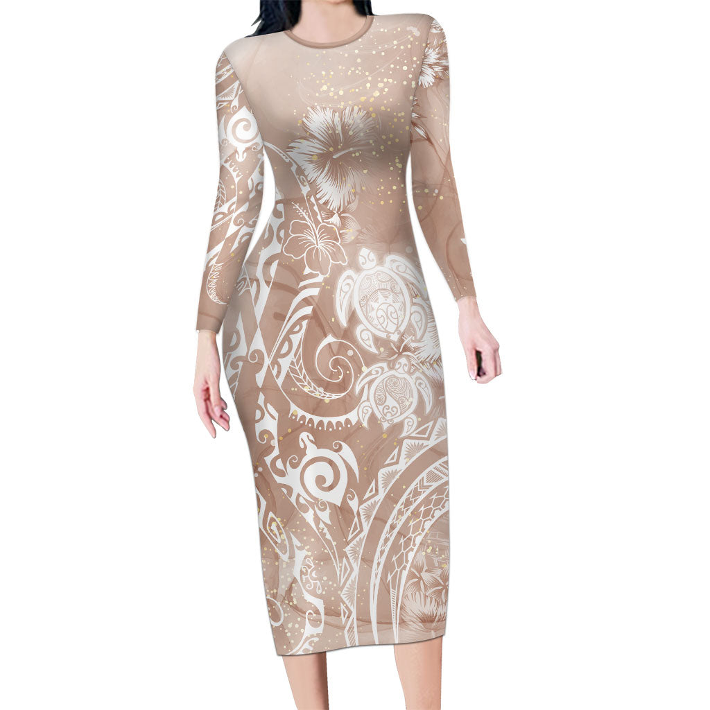 Aloha Hawaii Turtles Floral Family Matching Long Sleeve Bodycon Dress and Hawaiian Shirt Taupe Marbles Glaze