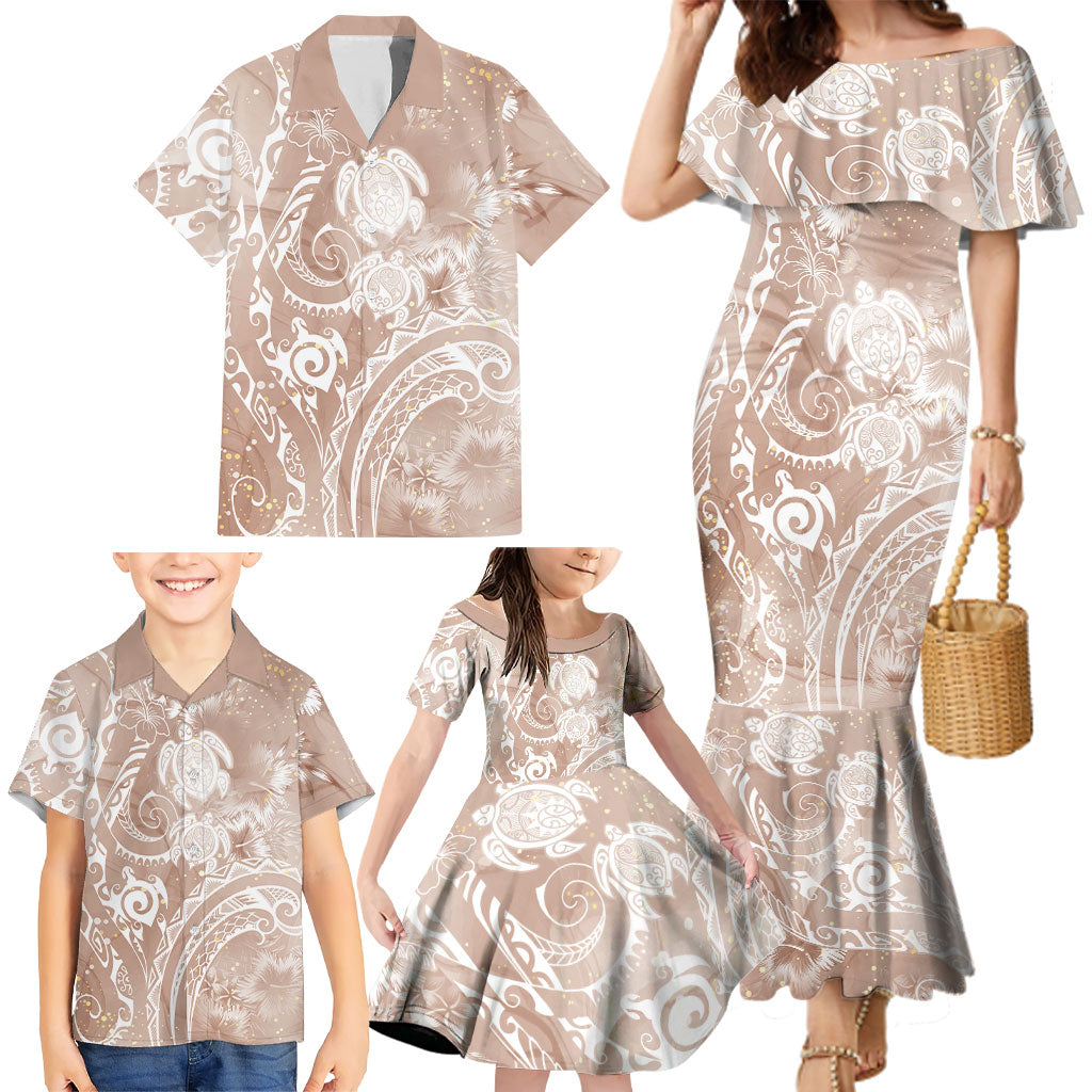 Aloha Hawaii Turtles Floral Family Matching Mermaid Dress and Hawaiian Shirt Taupe Marbles Glaze