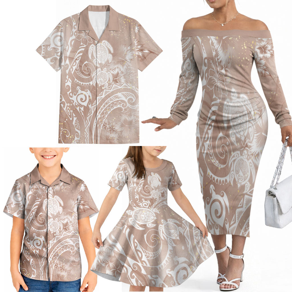 Aloha Hawaii Turtles Floral Family Matching Off The Shoulder Long Sleeve Dress and Hawaiian Shirt Taupe Marbles Glaze LT7 - Polynesian Pride