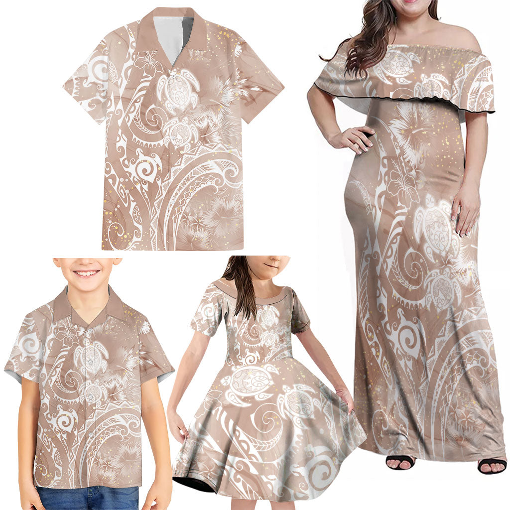 Aloha Hawaii Turtles Floral Family Matching Off Shoulder Maxi Dress and Hawaiian Shirt Taupe Marbles Glaze
