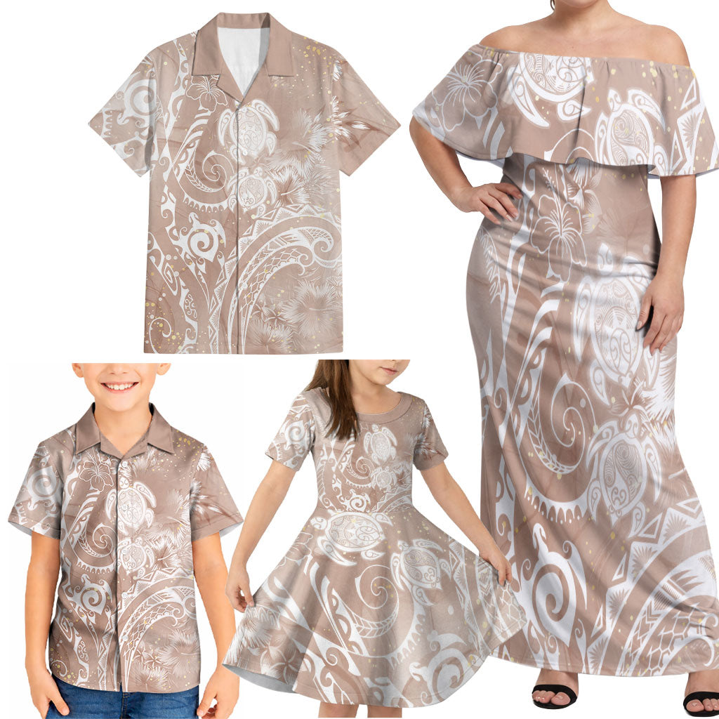 Aloha Hawaii Turtles Floral Family Matching Off Shoulder Maxi Dress and Hawaiian Shirt Taupe Marbles Glaze LT7 - Polynesian Pride