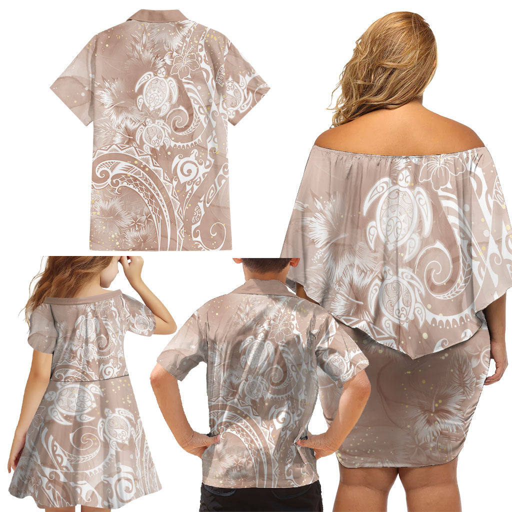 Aloha Hawaii Turtles Floral Family Matching Off Shoulder Short Dress and Hawaiian Shirt Taupe Marbles Glaze