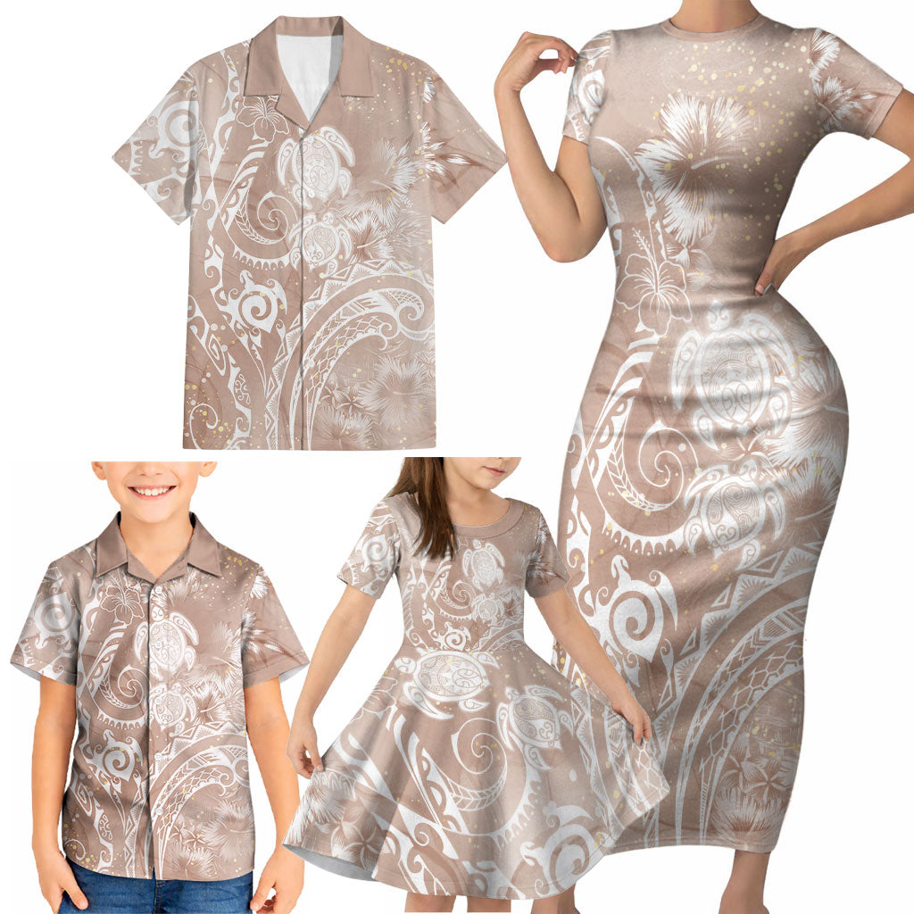 Aloha Hawaii Turtles Floral Family Matching Short Sleeve Bodycon Dress and Hawaiian Shirt Taupe Marbles Glaze LT7 - Polynesian Pride