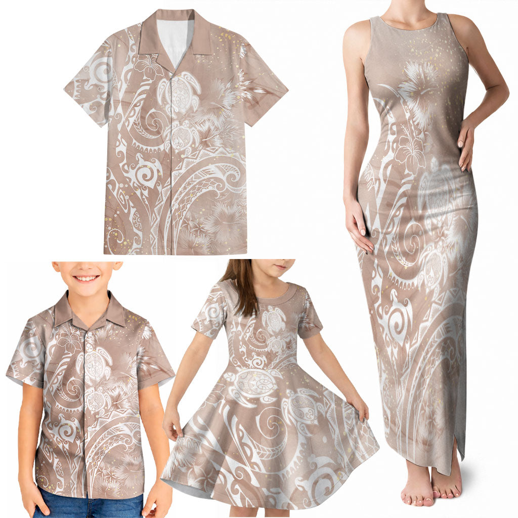 Aloha Hawaii Turtles Floral Family Matching Tank Maxi Dress and Hawaiian Shirt Taupe Marbles Glaze LT7 - Polynesian Pride