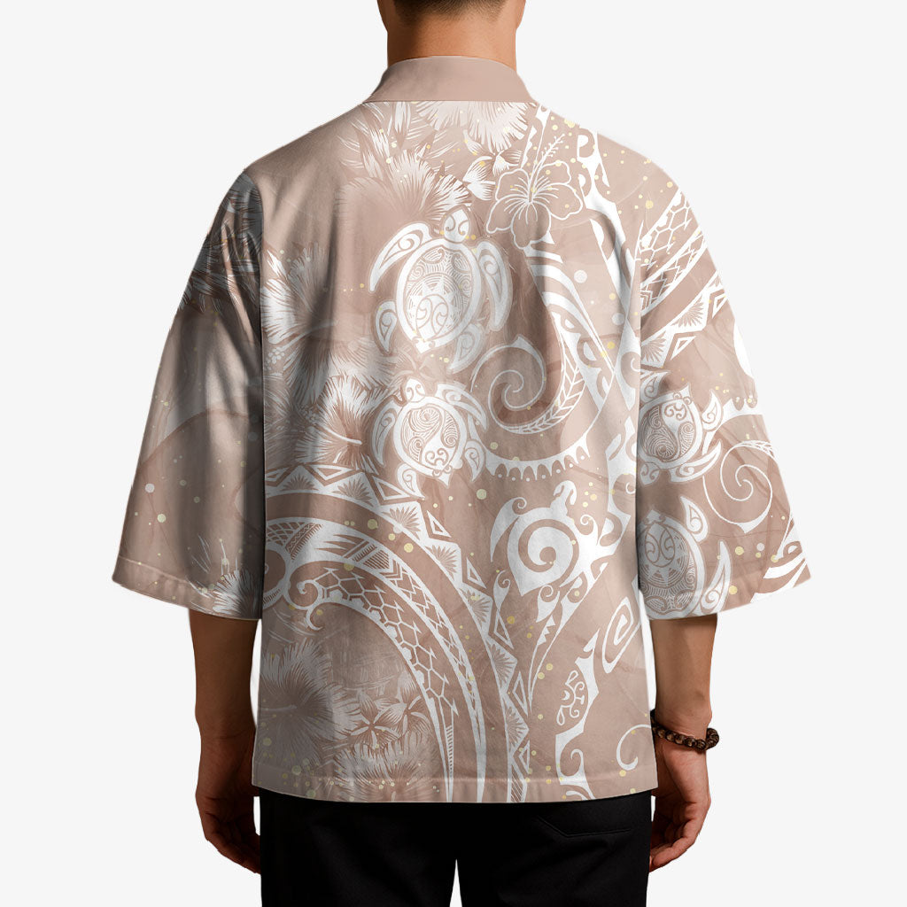 Aloha Hawaii Turtles Floral Kimono Taupe Marbles Glaze
