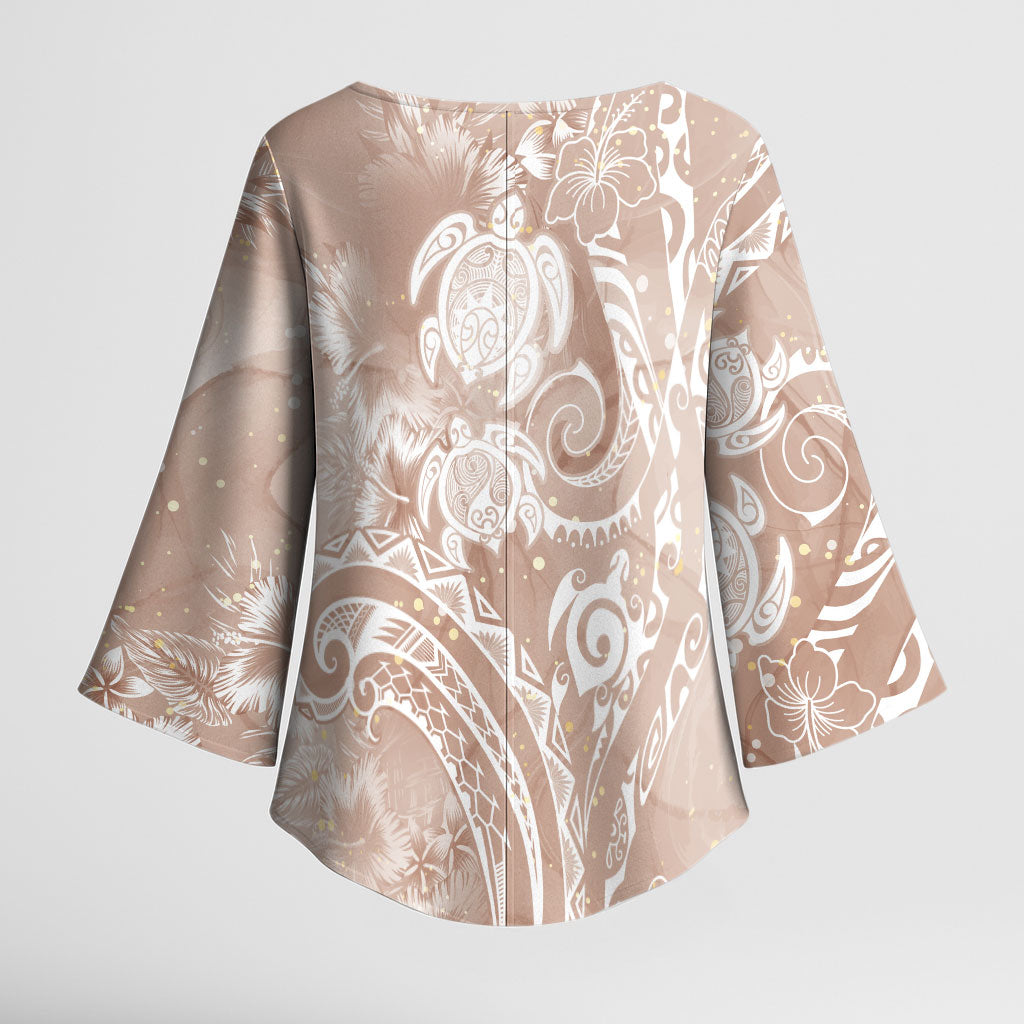 Aloha Hawaii Turtles Floral Kimono Sleeve Blouse Taupe Marbles Glaze