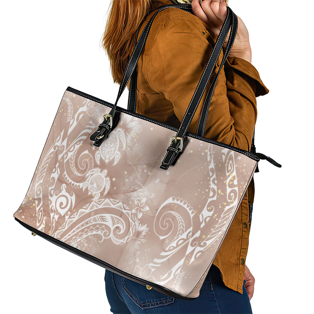 Aloha Hawaii Turtles Floral Leather Tote Bag Taupe Marbles Glaze