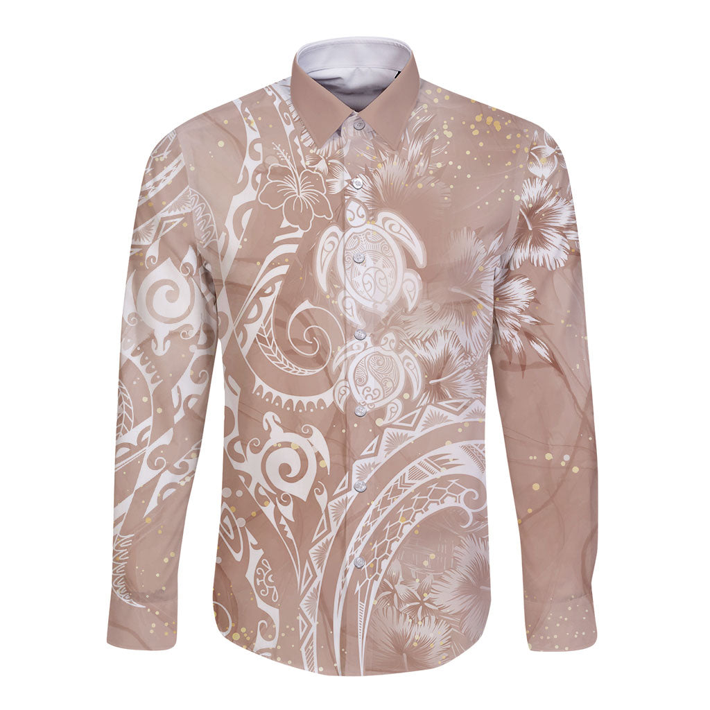 Aloha Hawaii Turtles Floral Long Sleeve Button Shirt Taupe Marbles Glaze