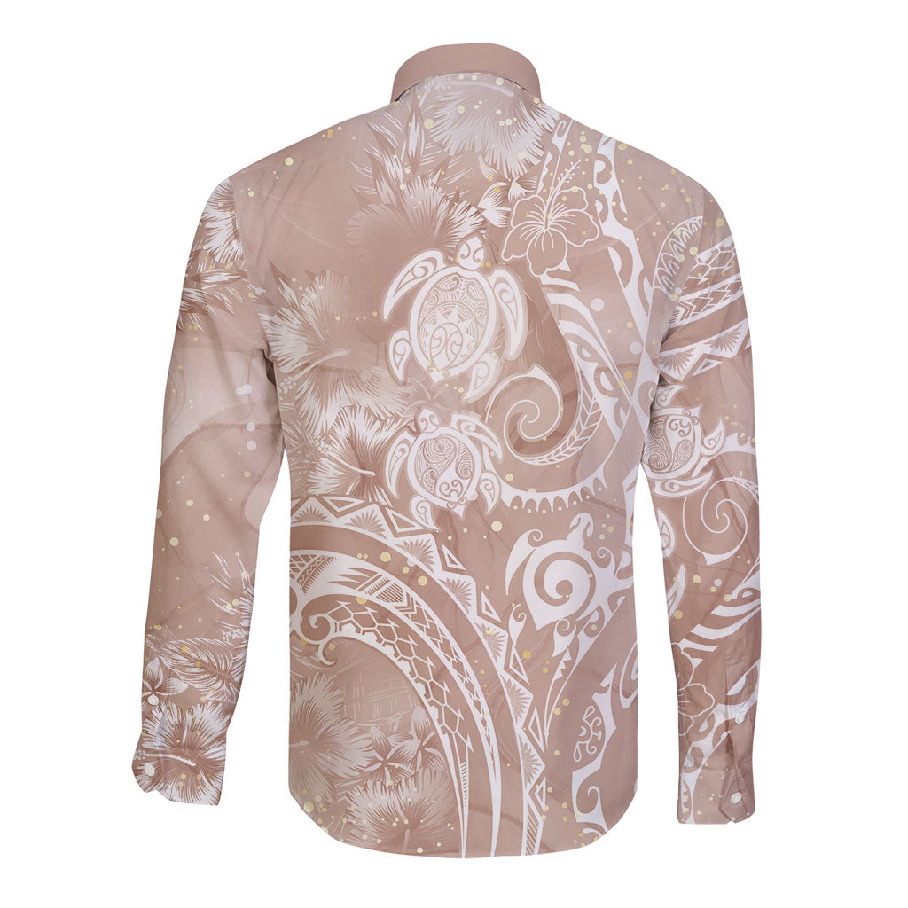Aloha Hawaii Turtles Floral Long Sleeve Button Shirt Taupe Marbles Glaze