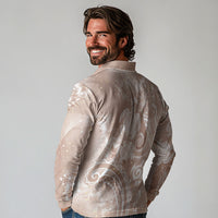 Aloha Hawaii Turtles Floral Long Sleeve Polo Shirt Taupe Marbles Glaze