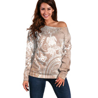 Aloha Hawaii Turtles Floral Off Shoulder Sweater Taupe Marbles Glaze