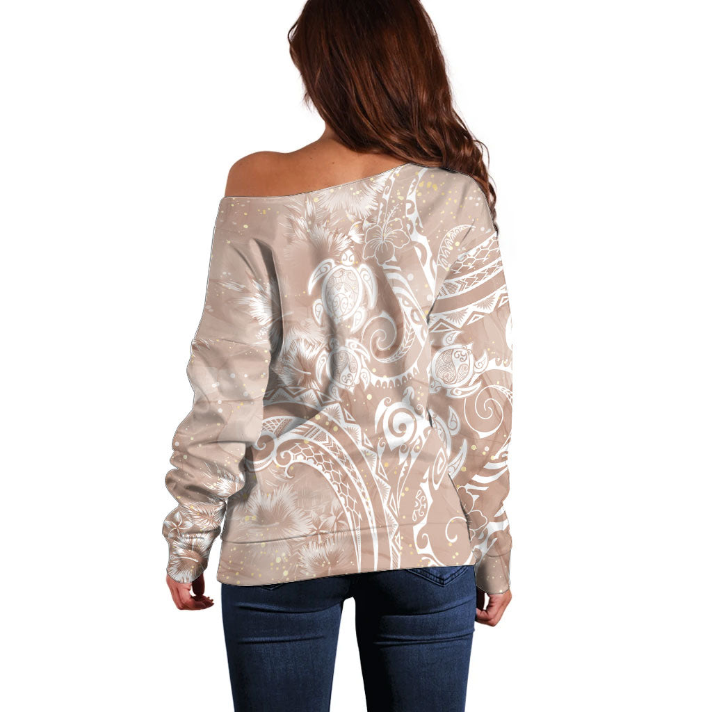 Aloha Hawaii Turtles Floral Off Shoulder Sweater Taupe Marbles Glaze