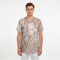 Aloha Hawaii Turtles Floral Scrub Top Taupe Marbles Glaze